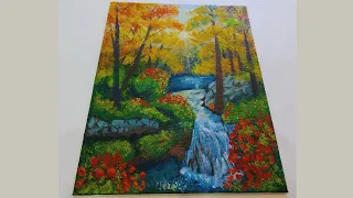 How to Paint a Waterfall /  Waterfall Acrylic painting / spring waterfall