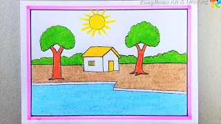 How to draw Nature Scenery | Prakitik Drisso Drawing | Easy Painting