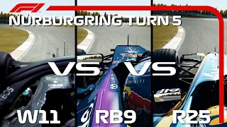 F1 2020 Mercedes vs 2013 Red Bull vs 2005 Renault - NURBURGRING TURN 5