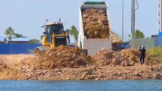 Amazing Team work Bulldozer SHANTUI Push Stone In Water DumpTruck SHAMAN