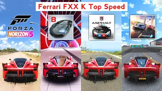 Ferrari FXX K Top Speed in Asphalt 9 vs Forza Horizon 5 vs Asphalt 8 vs Asphalt Nitro 2