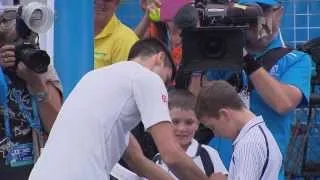 Novak Djokovic hits with a fan - 2014 Australian Open