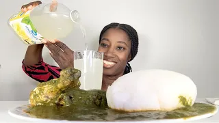 Mukbang Asmr Black soup,Pork belly, Intestines,Tongue,Heart,Pork feet & Garri fufu,Nigerian Mukbang