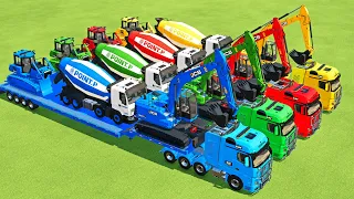 TRANSPORTING EXCAVATOR, MIXER TRUCK, BULLDOZER, POLICE CARS TO GARAGE WITH MAN TRUCK - FS22