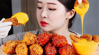 Fried Chicken Onion Rings with Cheese Dipping Sauce ASMR Mukbang Eating Show