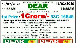 19.02.2020 :- Sikkim state lottery Dear Cherished Morning result today live 11:55am 19/02/2020