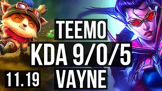 TEEMO vs VAYNE (TOP) | 9/0/5, 2.5M mastery, Legendary, 500+ games | NA Master | v11.19