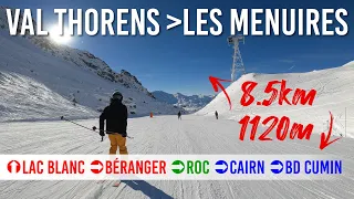 Skiing 8.5km long run from Val Thorens to Les Menuires in Les 3 Vallées