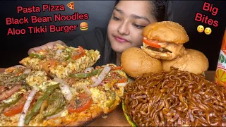 CHEESY PASTA PIZZA WITH SPICY BLACK BEAN NOODLES AND ALOO TIKKI BURGERS | BIG BITES | EATING VIDEOS