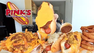 MUKBANG EATING Chilli Cheese Fries, Chilli Cheese Hot Dogs, Onion Rings From Pink's