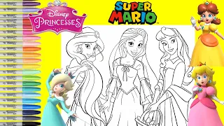 Disney Princess Makeover as Super Mario Bros Princess Peach Daisy and Rosalina Coloring Book Pages