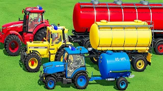 TRANSPORT MINI & BIG TRACTORS - WATER TANKER vs POLICE FENDT & CASE & MASSEY FERGUSON TRACTORS! FS22