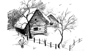 How to draw Winter landscape. Sketch. Graphic arts