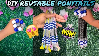 DIY reusable handmade Ponytails with beads for kids tutorial. Easy and quick protective styles