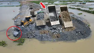 Best Incredible Making New Road ,Bulldozer SHANTUI Push Big Stone to Water , SHACMAN Truck Unloading