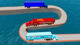 Mack Truck Vs Dinoco Truck Vs Thomas Truck Vs Impossible S Bridge Crossing Deepwater - BeamNG.Drive