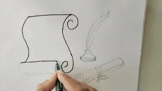 How to draw Parchment Scroll And Feather pencil pen easy Step by step drawing