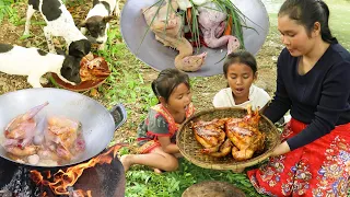 Survival Skills Cooking - Cooking chicken with carrots & Eat delicious Together and Puppies # 294