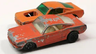 Matchbox restoration of Ford Mustang superfast and Wildcat Dragster No. 8. Die-cast model toy.