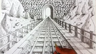 Drawing in one point perspective | Railway | Timelapse