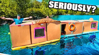 We Built A Massive BOX FORT House Boat On A LAKE! Cardboard Boat (24 Hour Challenge)