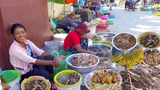 Amazing Cambodian Countryside Market Food - Crab, Traditional Cakes, Baby Palm Tree, & More