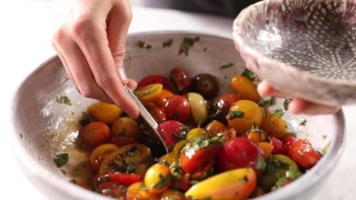 Marinated Cherry Tomatoes with Burrata + Toast