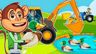 Digging Ponds with Excavators for Vibrant Fish and Duck Farming | Funny Monkeys, Vehicles Farm