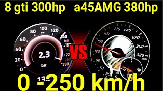 Mercedes a45 amg 380 vs VW Golf 8 gti c.s 300 hp DragRace sound 0-250 km/h