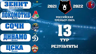 Футбол. РПЛ. 13 Тур Чемпионат России. Сезон 2021/2022  Результаты. Таблица