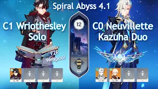 Solo C1 Wriothesley x C0 Neuvillette Duo - Spiral Abyss 4.1 | Floor 12 9 Stars | Genshin Impact