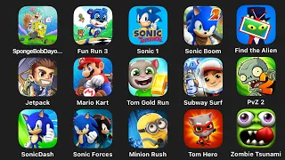 Tom Gold Run,Sonic Dash,Fun Run 3,Sponge bob Day of Horror,jetpack,Minion Rush,Subeay Surf,tom Hero