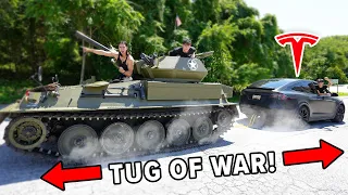 Tesla Model X vs TANK - TUG OF WAR!