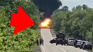 Russian Ammunition Truck Hit By Drone Blocking Traffic