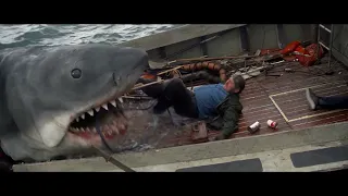 Lo squalo.Jaws.Fine film.Morte del capitano cacciatore Quint mangiato dallo squalo.