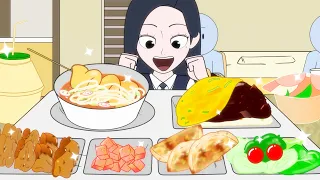 학교 급식 먹방 (짜장볶음밥, 어묵우동, 닭꼬치) | School Lunch Mukbang | Animation ASMR