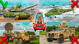 Puzzle game military equipment for kids. Educational video for children. Learn military transport