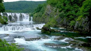 Beautiful Waterfall on a Flowing River 4k. Nature Sounds. Waterfall 4K, White Noise for Sleeping.