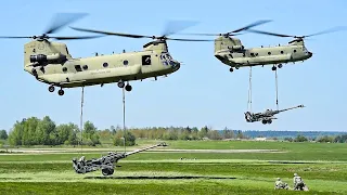 Heavy-lift Helicopter CH-47 Chinook Carrying Heavy Artillery Howitzer | US Army Training | MFA