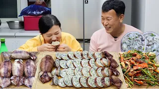 Homemade food | Stuffed squid, sweet and sour squid salad and makgeolli MUKBANG