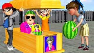 Scary Teacher 3D Rebecca Troll Miss T with Melon Balloon Mask Nick and Tani Squid Game
