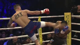 Football skills used in kickboxing fight. Amazing thunder kick in Dynamite Fighting Show