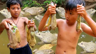 Survival in forest - Two smart boy catch Frogs - Roasted Frogs for eating