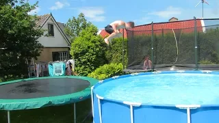 CRAZY TRAMPOLINE FLIPS INTO POOL!