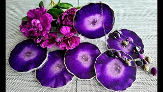 #996 Beautiful Purple And Silver 'Rock Edge' Geode Resin Coasters