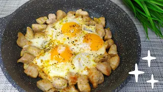 Сытный завтрак для школьницы за 5 минут - яичница глазунья с мясом