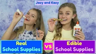 Real vs Edible School Supplies Challenge ~ Jacy and Kacy