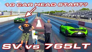 Lambo needs 10 car head start?  * Aventador SV vs McLaren 765LT Drag Race