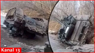 Russian tank crashes, overturning it blocks the road