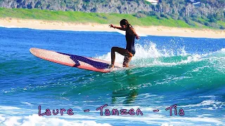 Laure Myr with Tia and Tamzen - Longboarding the Coffs Coast.